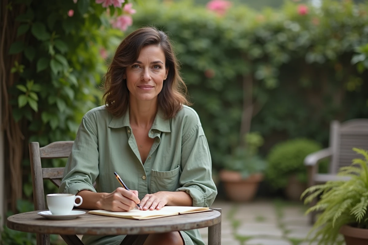 Femme adulte écrivant une lettre à son père décédé dans un jardin calme, symbole de deuil et de mémoire