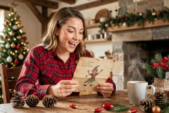 Femme souriante lisant une lettre de lutin farceur imprimée sur papier parchemin, entourée de décorations de Noël sur une table en bois rustique