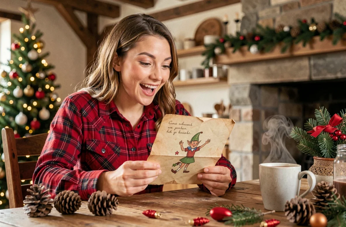 Femme souriante lisant une lettre de lutin farceur imprimée sur papier parchemin, entourée de décorations de Noël sur une table en bois rustique