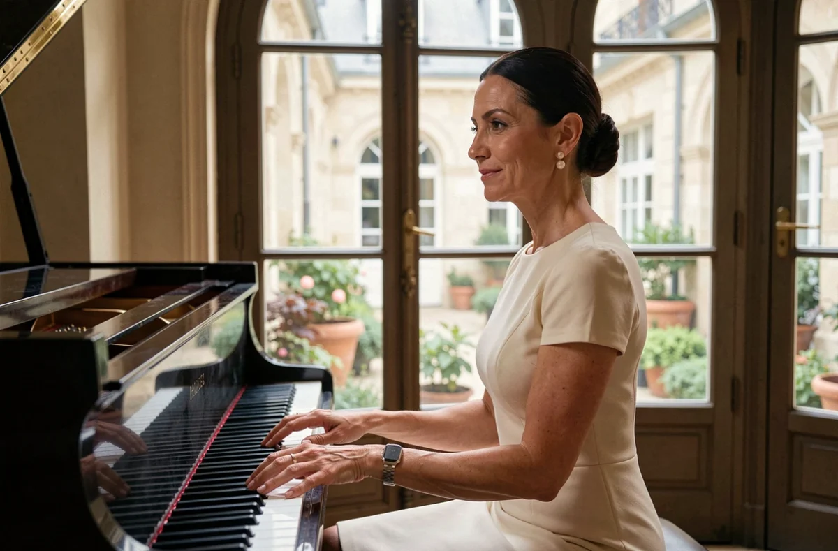 Femme musicienne assise au piano dans un conservatoire parisien avec cour intérieure, portrait élégant et intimiste