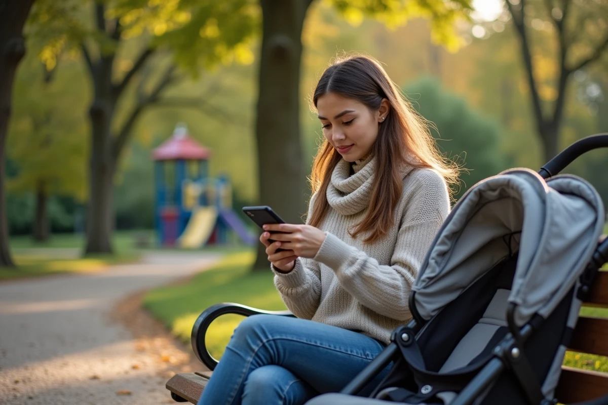 Femme lisant sur son smartphone dans un parc