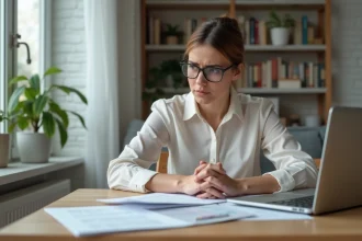 Femme pensive avec documents et ordinateur dans un salon