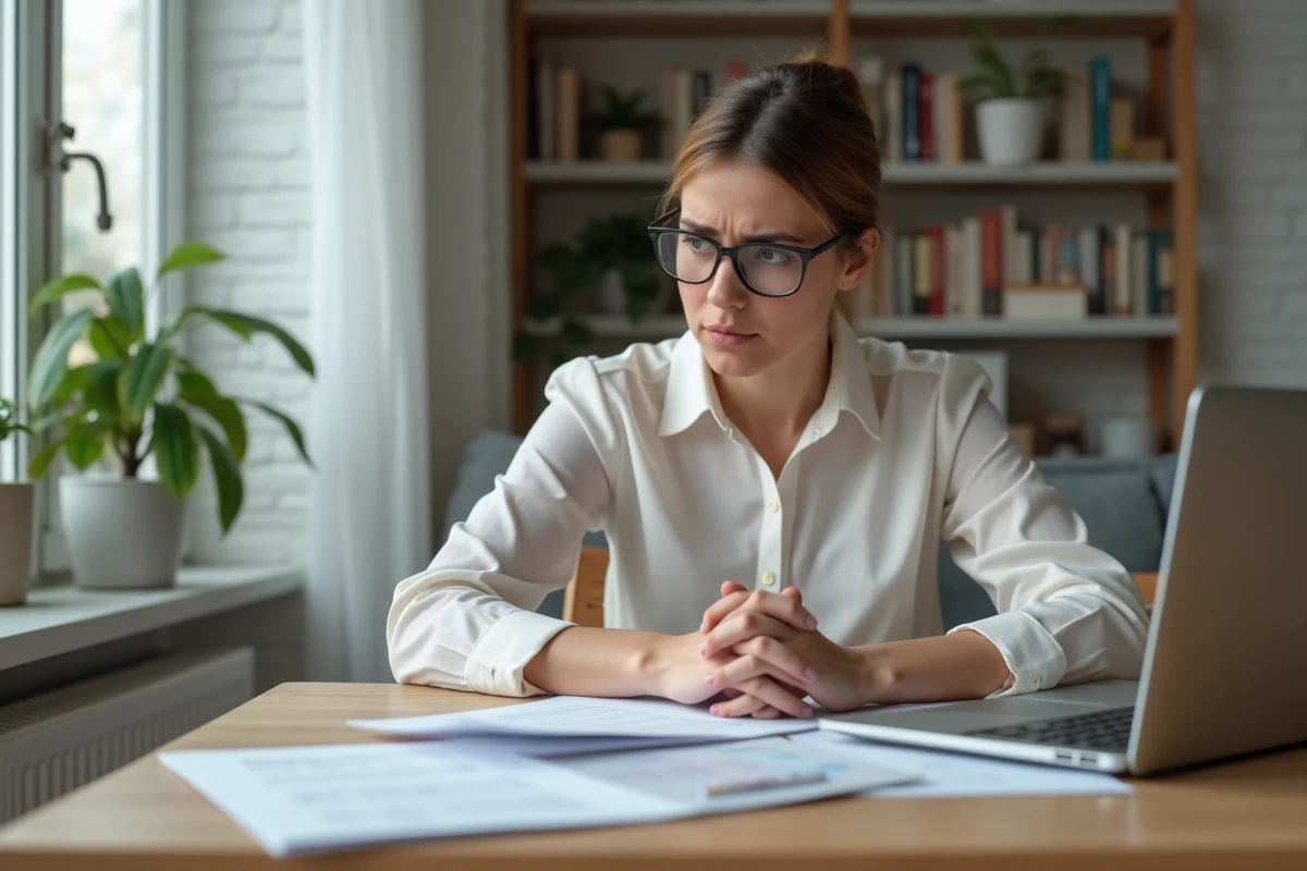 Femme pensive avec documents et ordinateur dans un salon