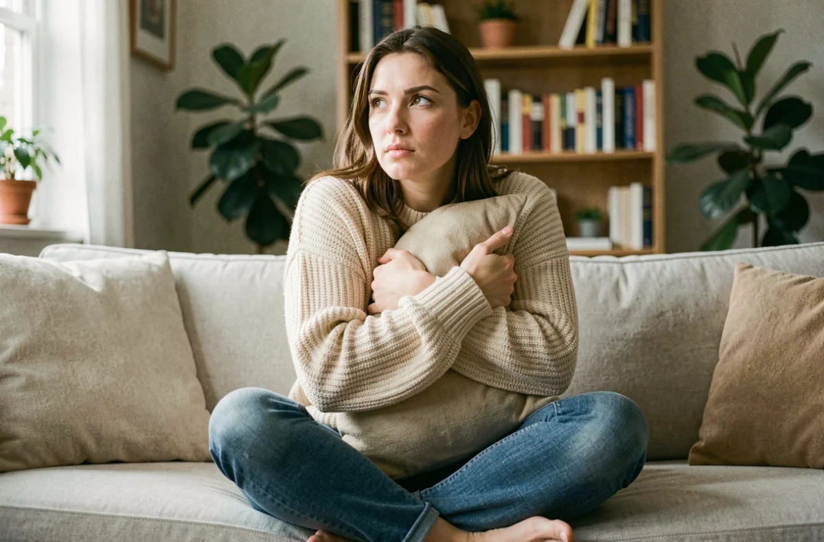 Femme pensive assise sur un canapé, questionnant ses schémas relationnels répétitifs dans un cadre domestique