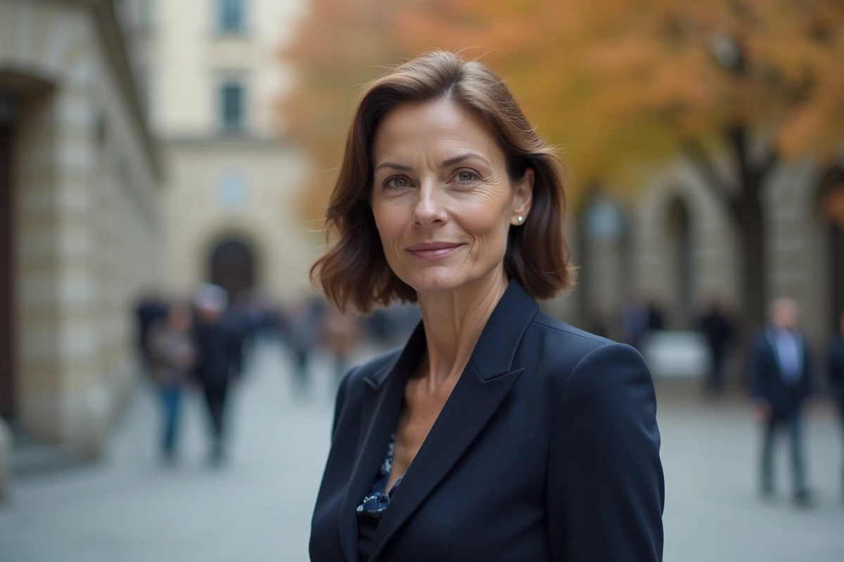 Portrait d'une femme politique française en veste marine dans un environnement urbain européen, style photographique éditorial discret