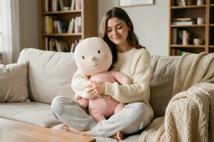 Jeune femme tenant une grande poupée en peluche sur un canapé en lin beige dans un intérieur scandinave cosy
