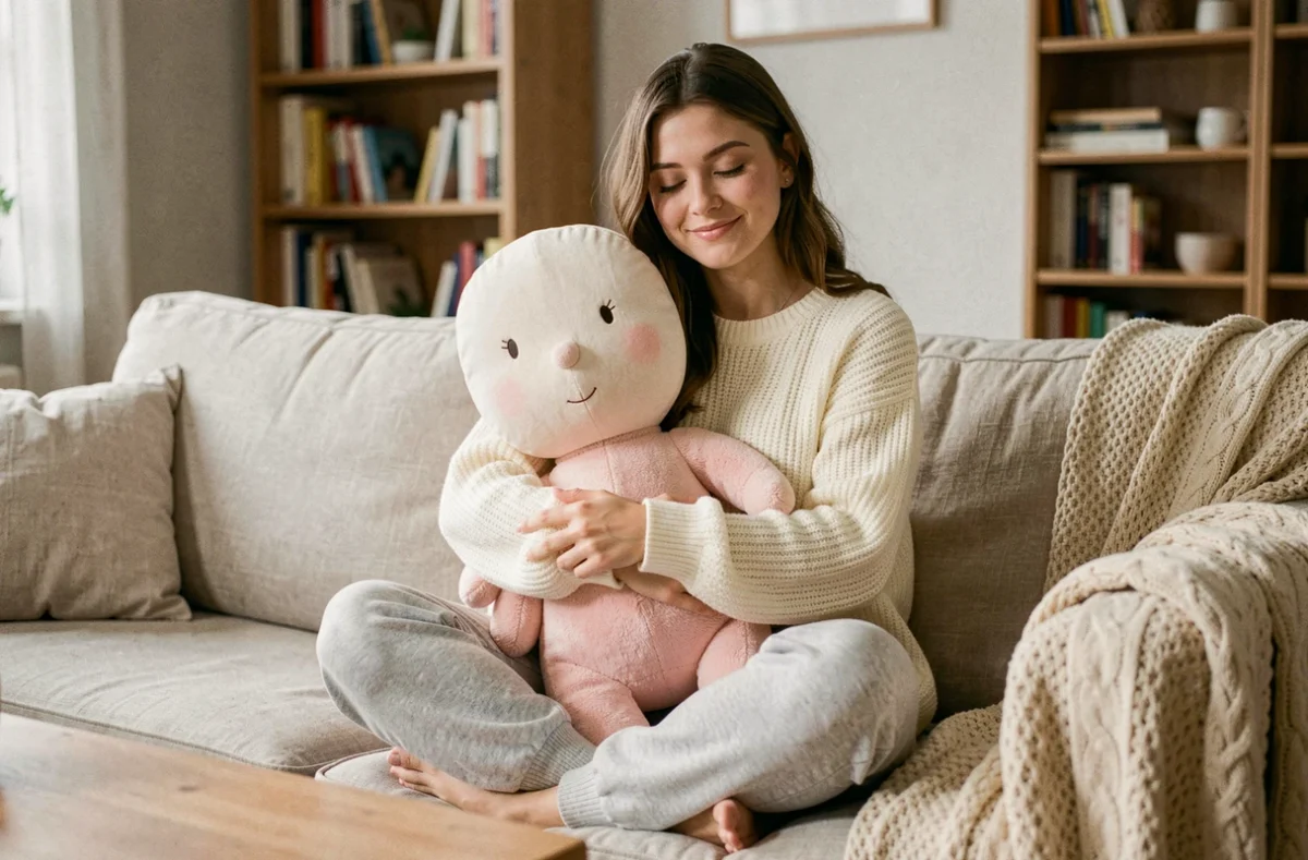 Jeune femme tenant une grande poupée en peluche sur un canapé en lin beige dans un intérieur scandinave cosy