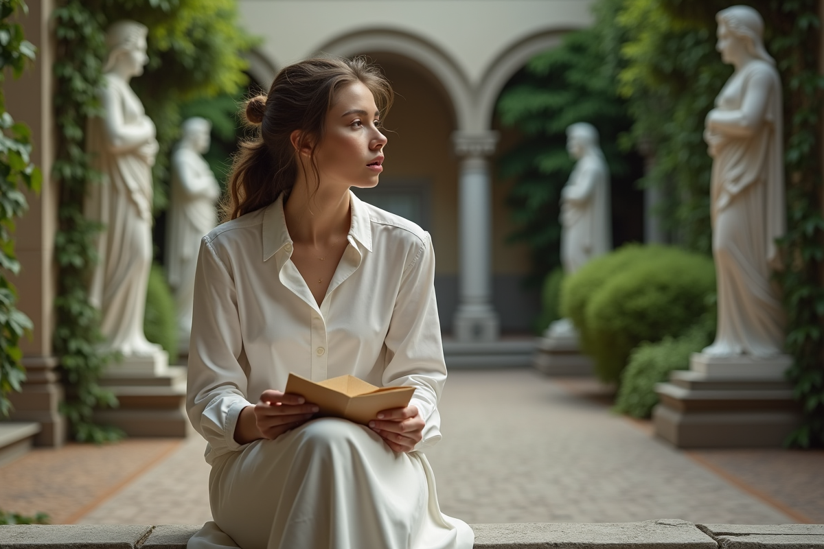 Femme contemplative dans cour avec enveloppe