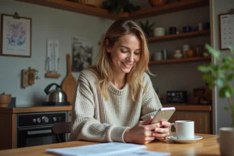 Femme dans la cuisine vérifiant son smartphone