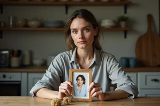 Femme tenant une photo encadrée de sa mère décédée à la fête des mères, moment de souvenir émouvant