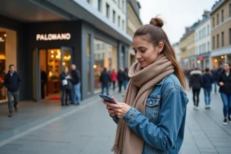 Femme en denim devant Palomano Lille avec ambiance urbaine