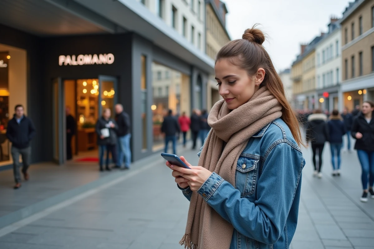Femme en denim devant Palomano Lille avec ambiance urbaine