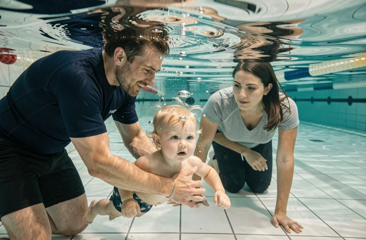Exercice de submersion guidé par un instructeur lors d'un cours de bébé nageur à l'Espace Fernand Bonnin à Pouilly-sur-Saône