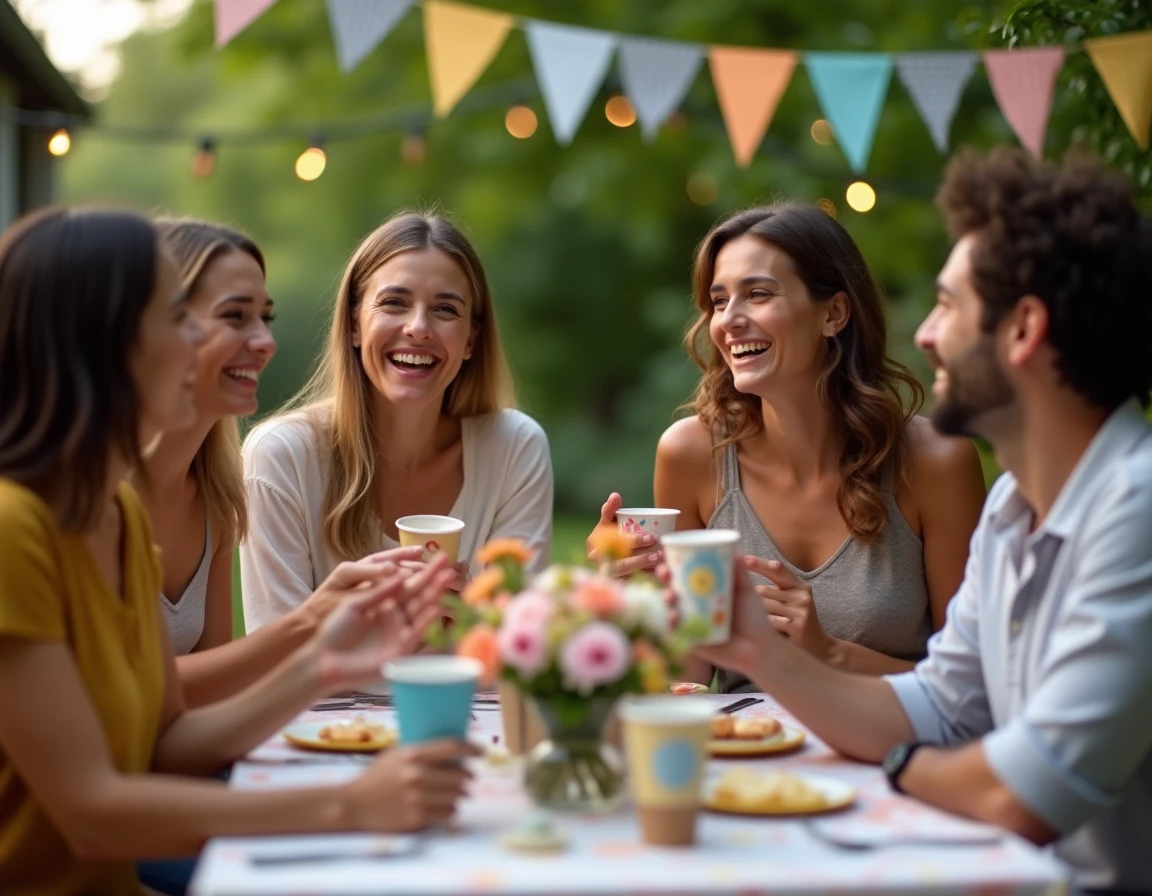 Groupe d'amis adultes tenant des gobelets anniversaire personnalisés lors d'une fête en plein air dans un jardin décoré
