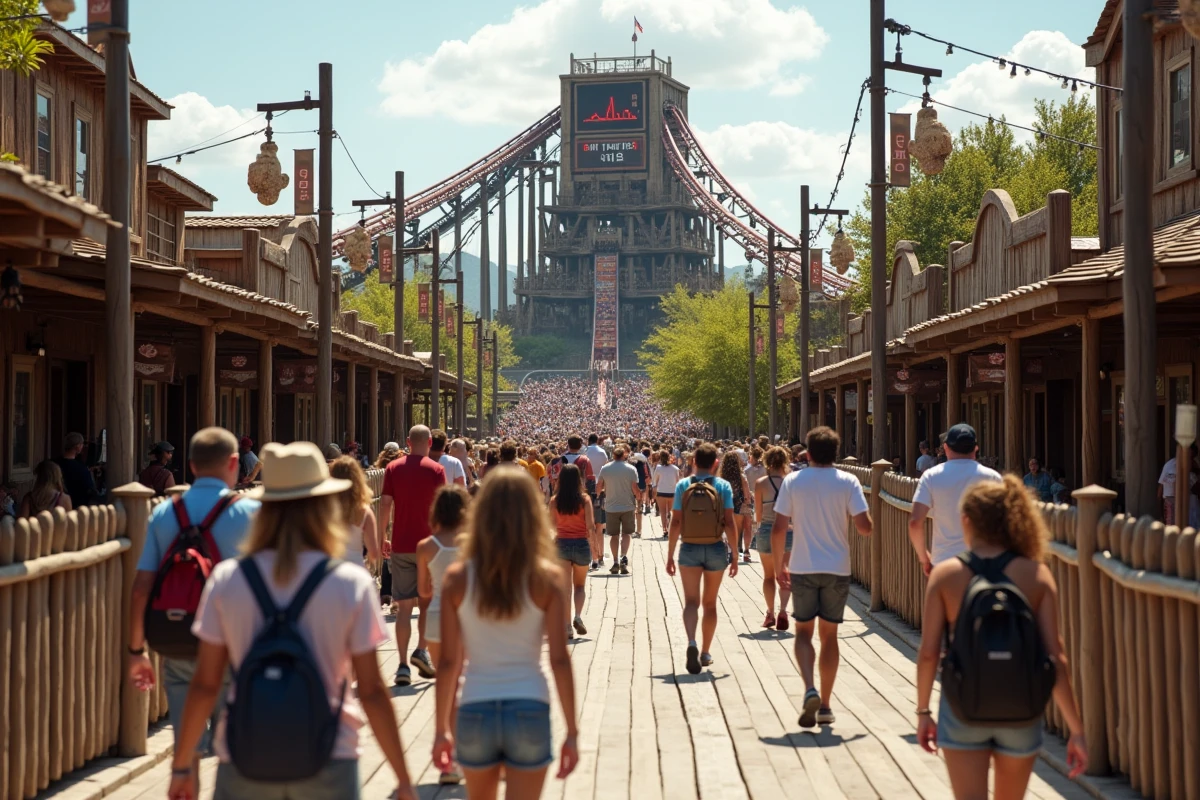 File d'attente de visiteurs devant une attraction de montagnes russes à PortAventura avec panneau de temps d'attente