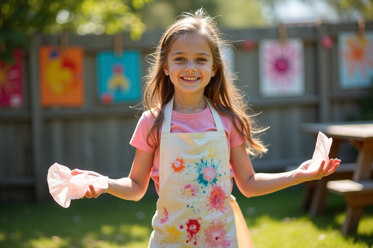 Jeune fille en tablier à peindre en plein air avec papier en mouvement
