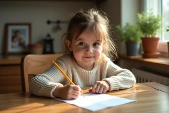 Jeune fille écrivant une lettre à son papa disparu, assise à une table en bois dans une cuisine familiale