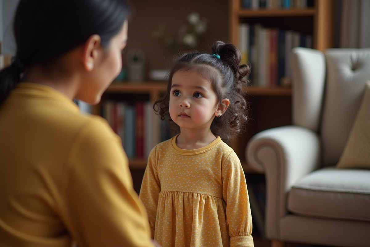 Fille de 6 ans dans un salon avec livres et fauteuils