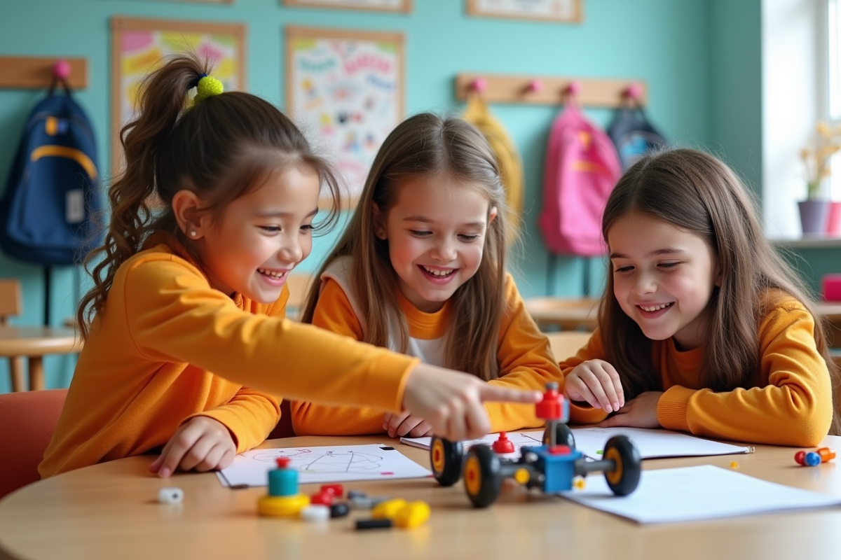 Trois filles construisent un robot en classe