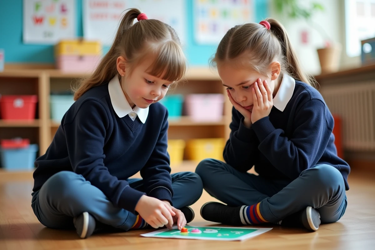 Deux filles jouant au jeu touche touche pas en classe avec expressions de suspense