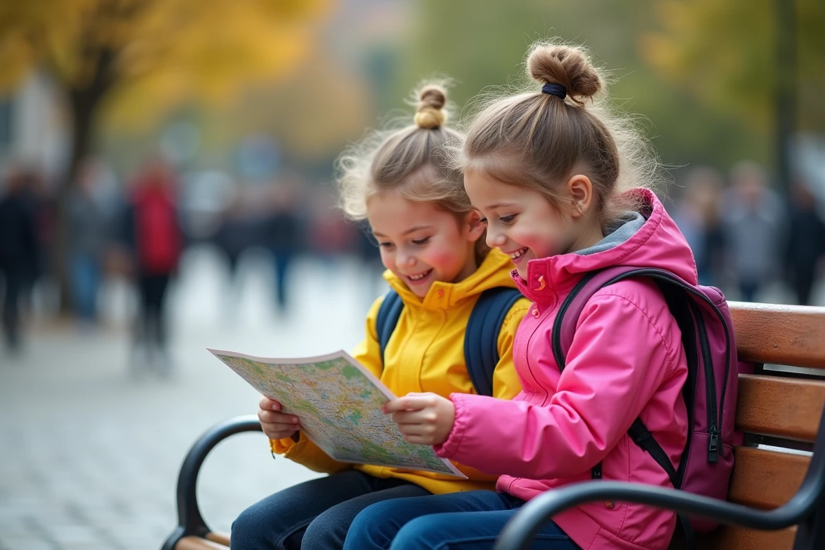 Jumelles de 7 ans en vestes colorées regardant une carte