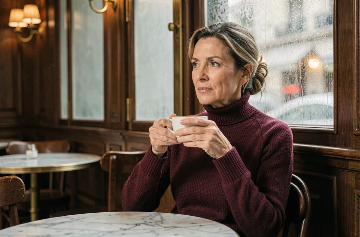Femme pensive assise dans une brasserie parisienne tenant une tasse de café, évoquant la vie personnelle et sentimentale de Florence Kieffer