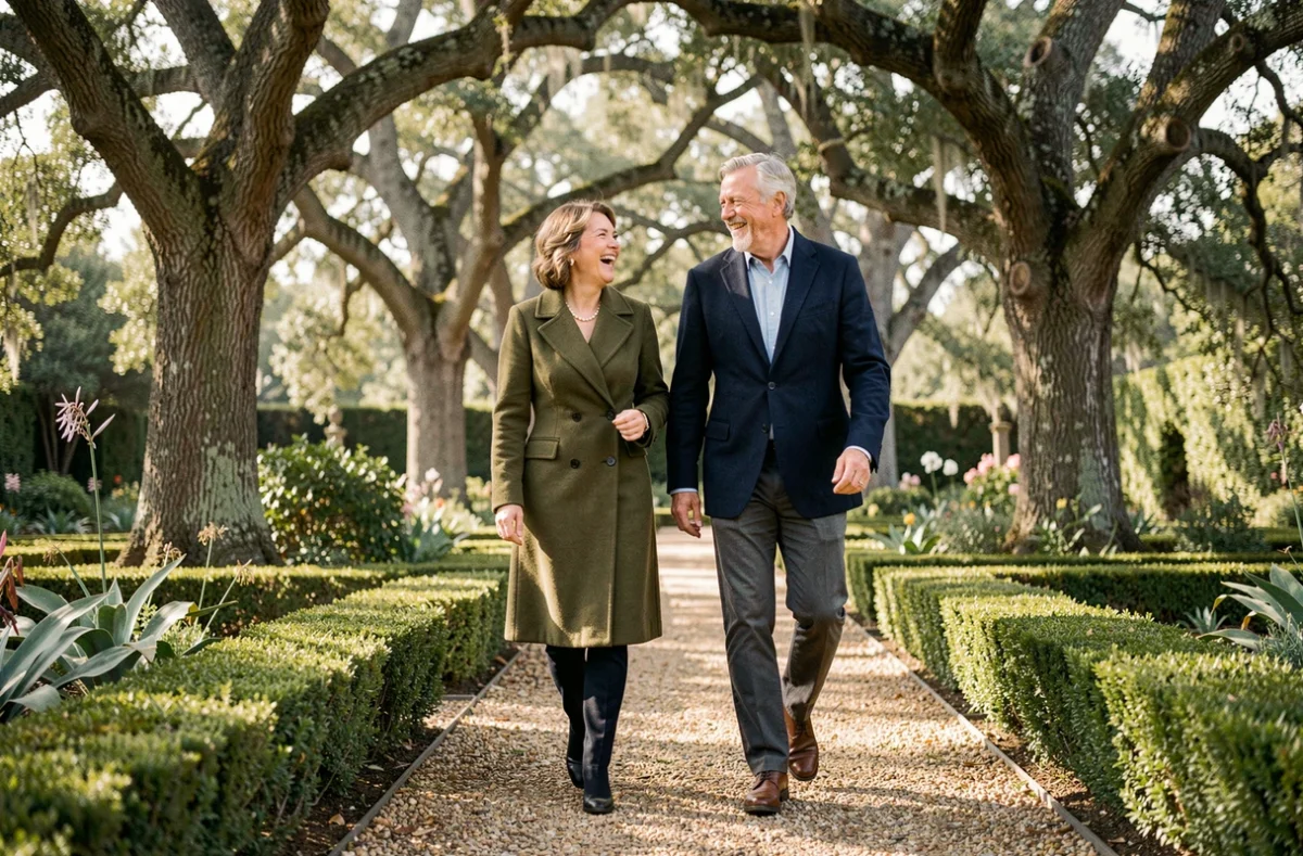 Couple élégant se promenant dans un jardin botanique, illustrant la vie de couple et l'histoire sentimentale de Florence Kieffer