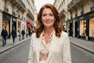 Femme élégante dans la cinquantaine souriante dans une rue parisienne, illustrant un article sur la vie amoureuse de Florence Kieffer