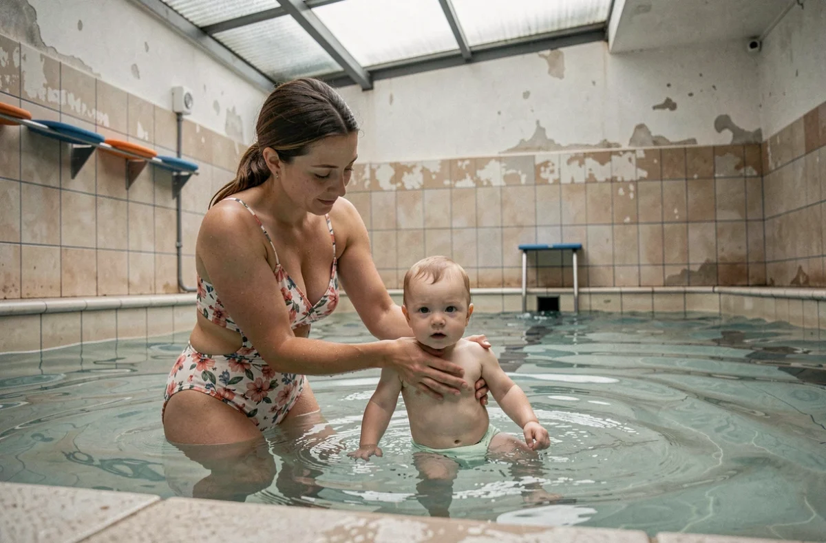 Mère plongeant son nourrisson dans le petit bassin de la Piscine municipale de la Fontaine d'Ouche à Dijon