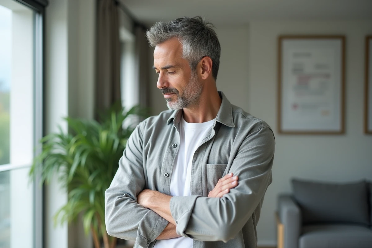 Homme debout près d'une fenêtre dans un appartement moderne tenant un document imprimé, symbolisant la frontière entre vie publique et sphère privée