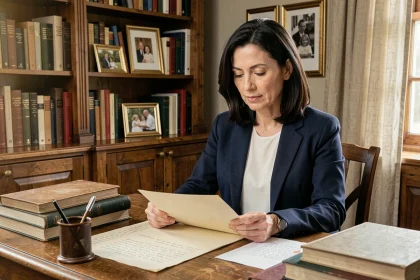 Femme intellectuelle assise à un bureau en bois dans une bibliothèque familiale, reflétant des valeurs de transmission culturelle et familiale