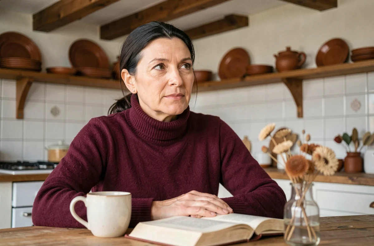 Femme pensive attablée dans une cuisine traditionnelle française avec un livre et un café, évoquant la vie privée et les valeurs du foyer familial