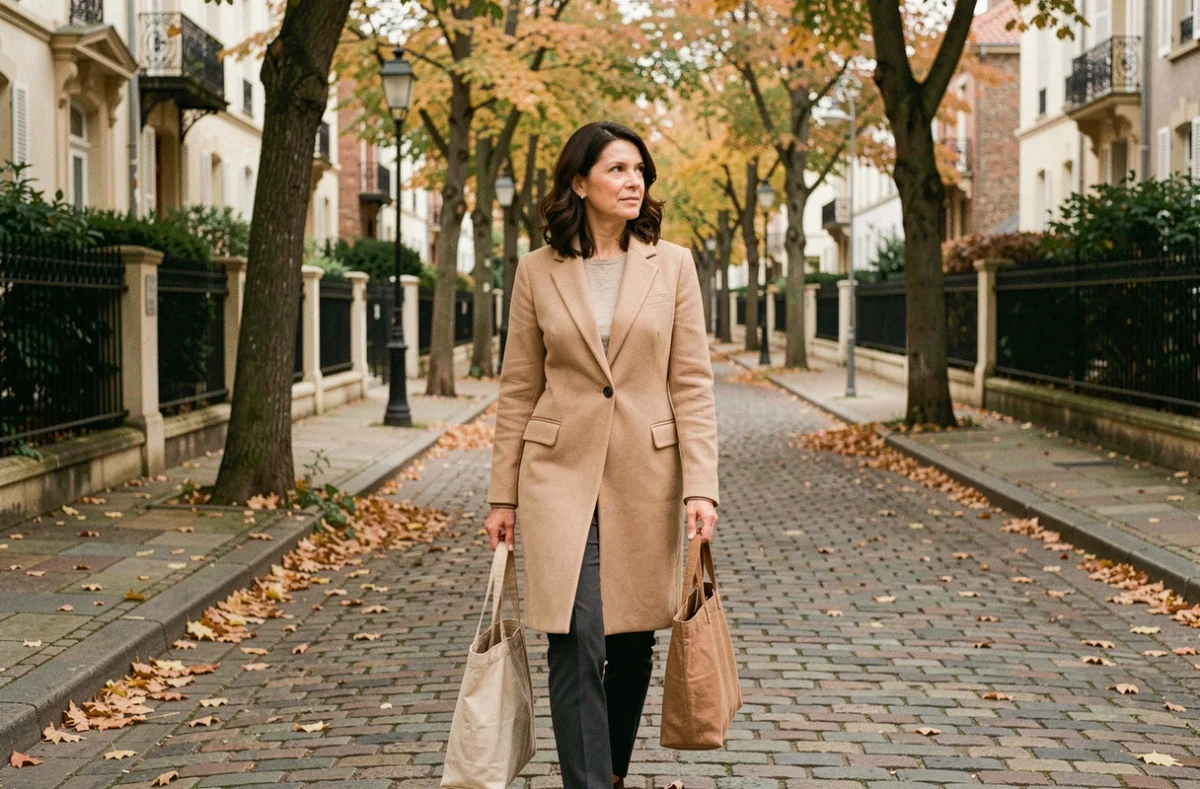 Femme élégante marchant dans une rue pavée d'automne, incarnant des valeurs familiales et une identité ancrée dans la tradition française