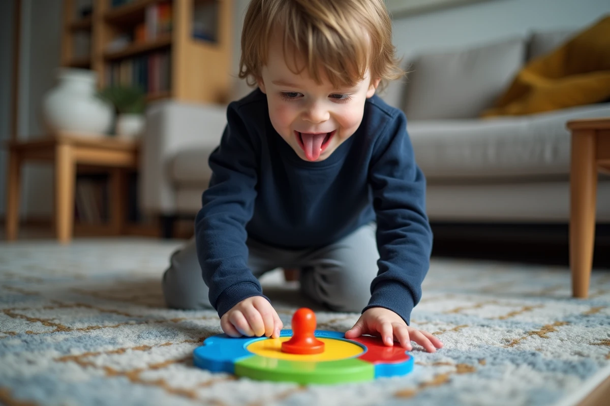 Jeune garçon concentré jouant seul au jeu touche touche pas sur le sol