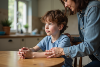 Garçon de 6 ans écoute attentivement un adulte en famille