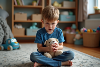 Garçon de 7 ans frustré dans sa chambre avec jouets