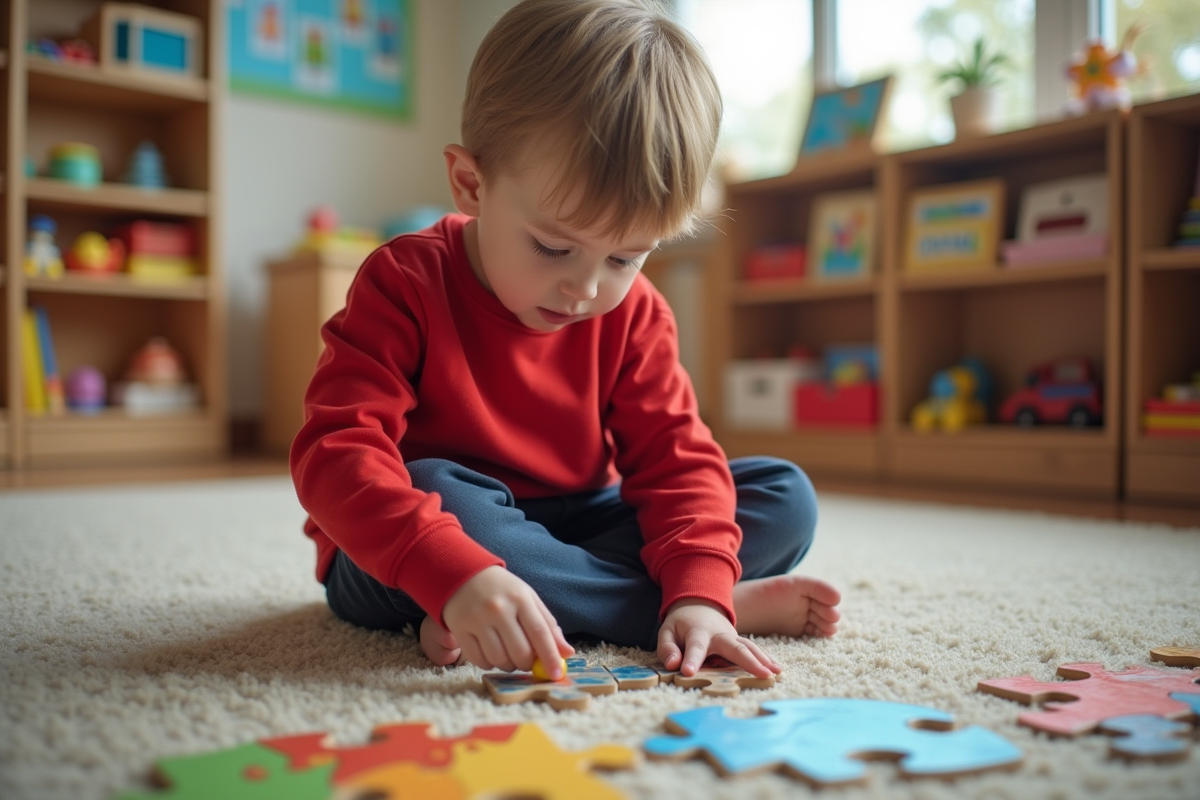 Jeune garçon en sweatshirt rouge joue avec un puzzle dans une salle