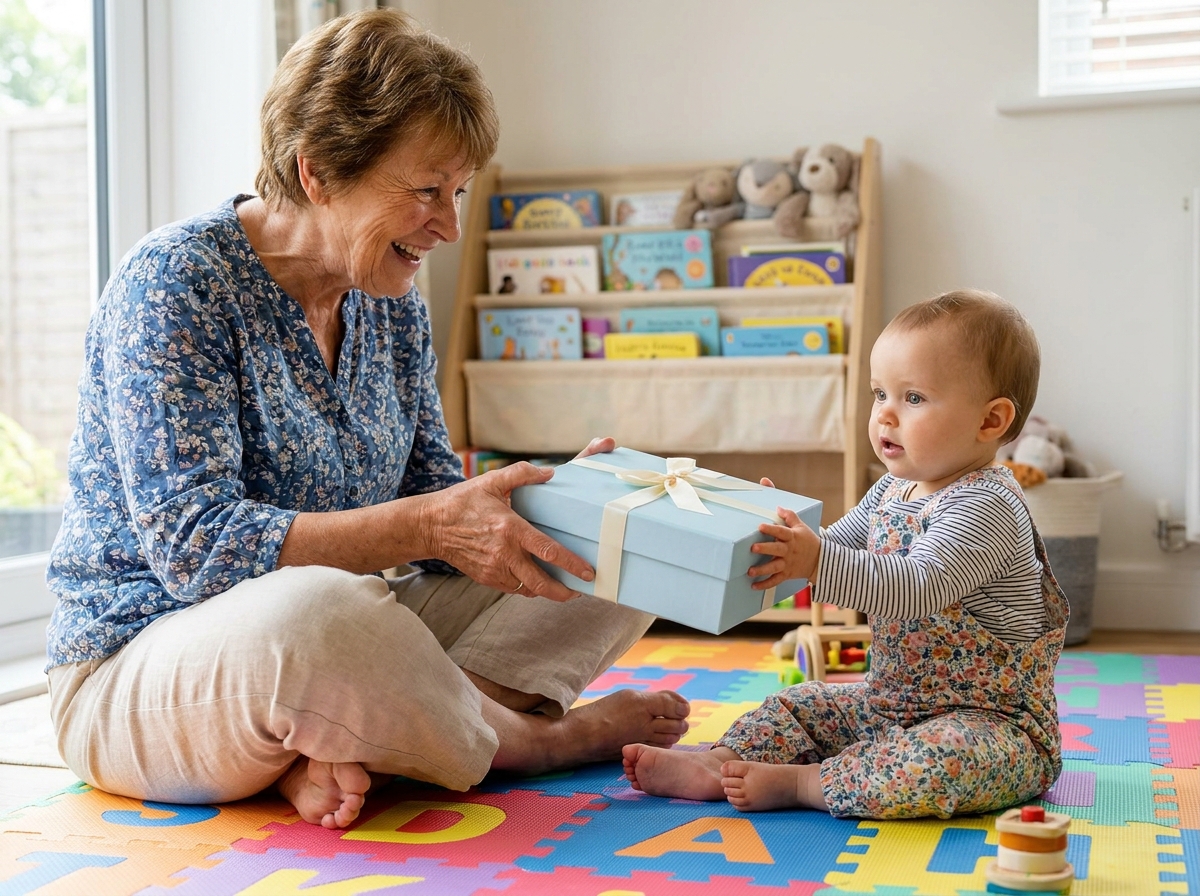Grand-mère offrant un cadeau emballé à un bébé d'un an dans une salle de jeux colorée et lumineuse