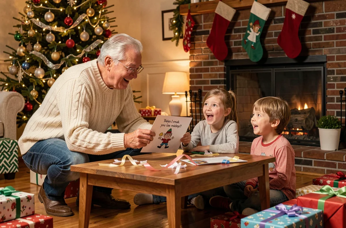 Grand-père partageant une lettre de lutin farceur imprimée avec ses petits-enfants émerveillés dans un salon décoré pour Noël