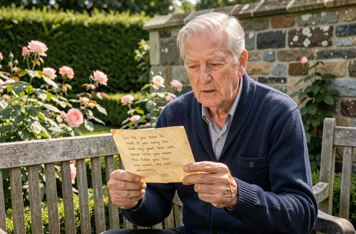 Grand-père ému dans le jardin tenant une carte poème faite à la main par ses petits-enfants