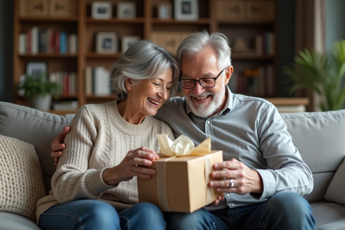 Grands-parents découvrant avec émotion un cadeau d'annonce de grossesse de leur enfant