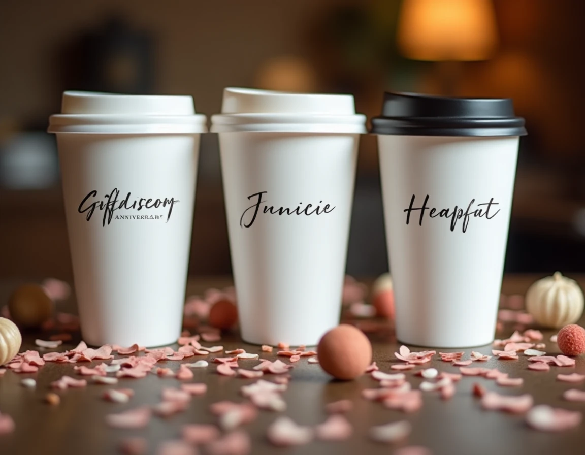 Gros plan sur des gobelets personnalisés avec logos et messages pour un anniversaire, posés sur une table en bois avec confettis