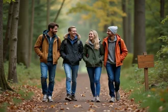 Groupe d'amis randonneurs dans la forêt souriants