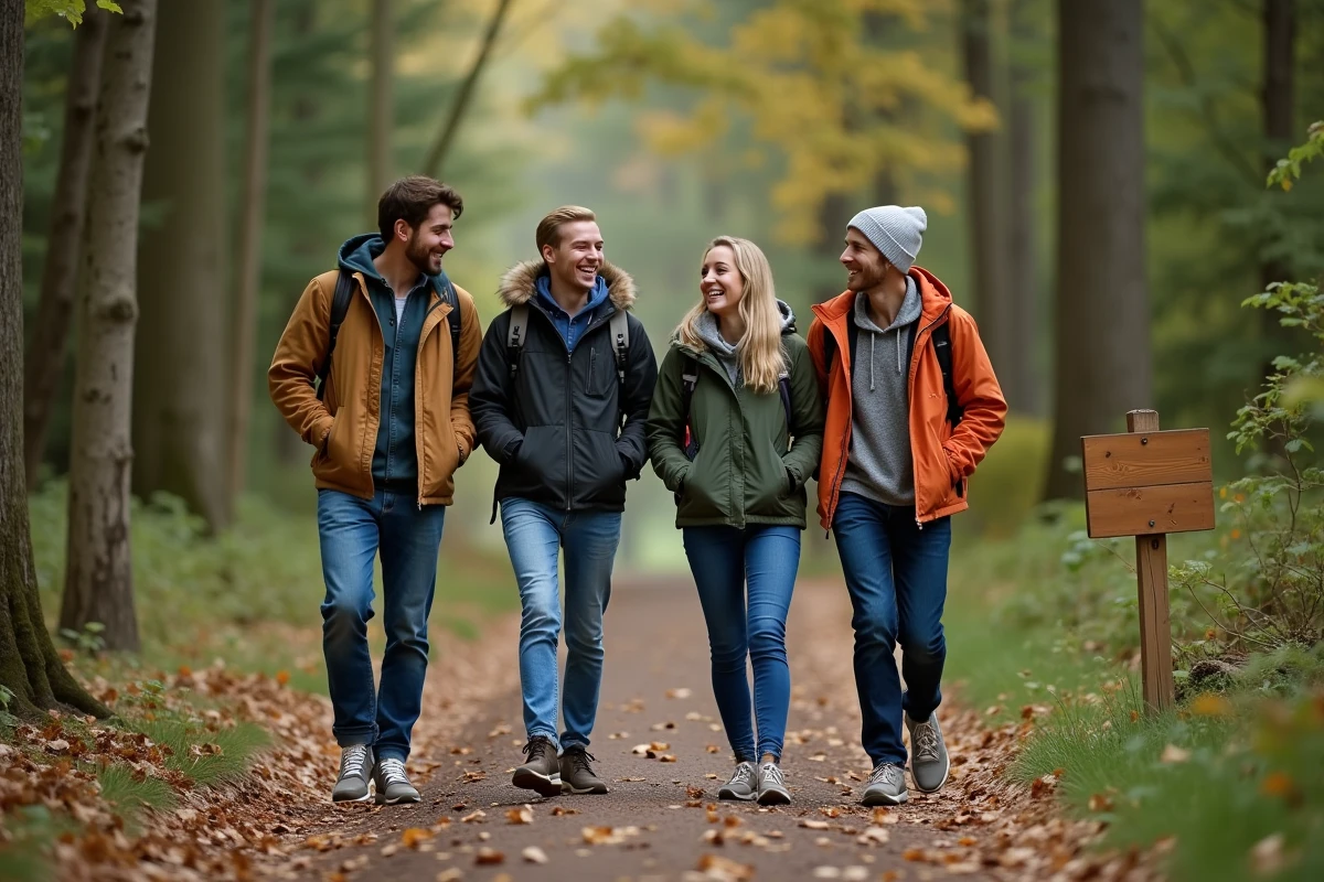 Groupe d'amis randonneurs dans la forêt souriants