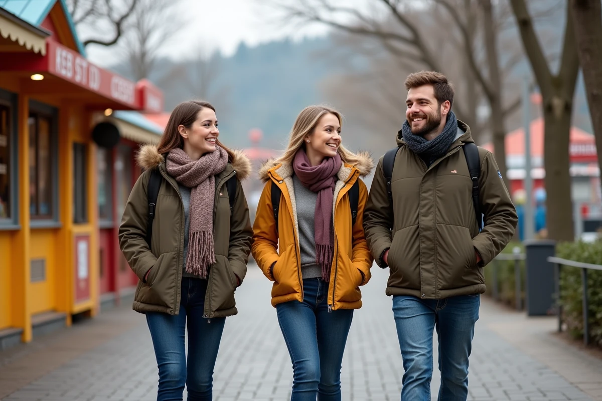 Groupe d'amis souriants dans le parc Walibi RhôneAlpes en automne