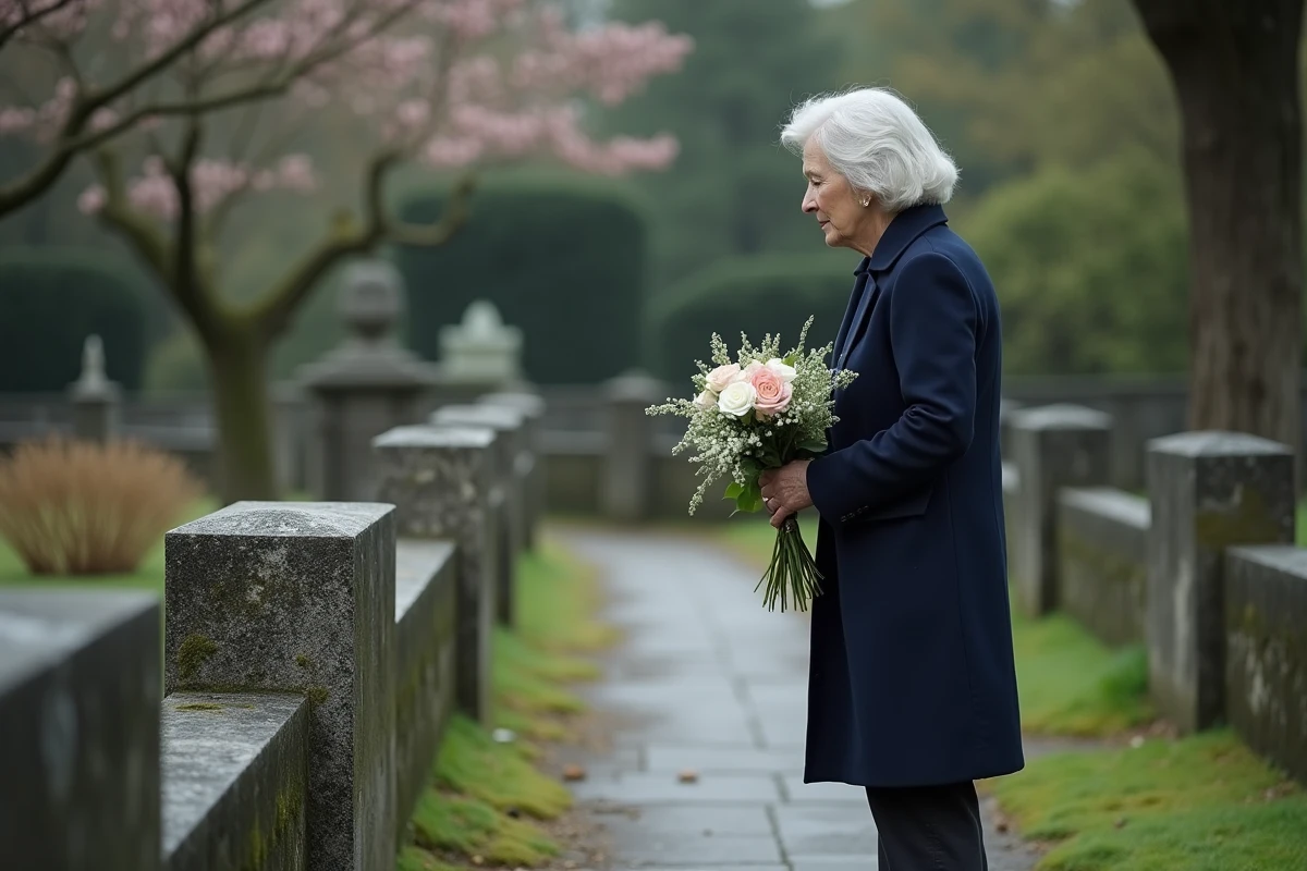 Femme déposant des fleurs sur une tombe au cimetière en souvenir de sa mère lors de la fête des mères