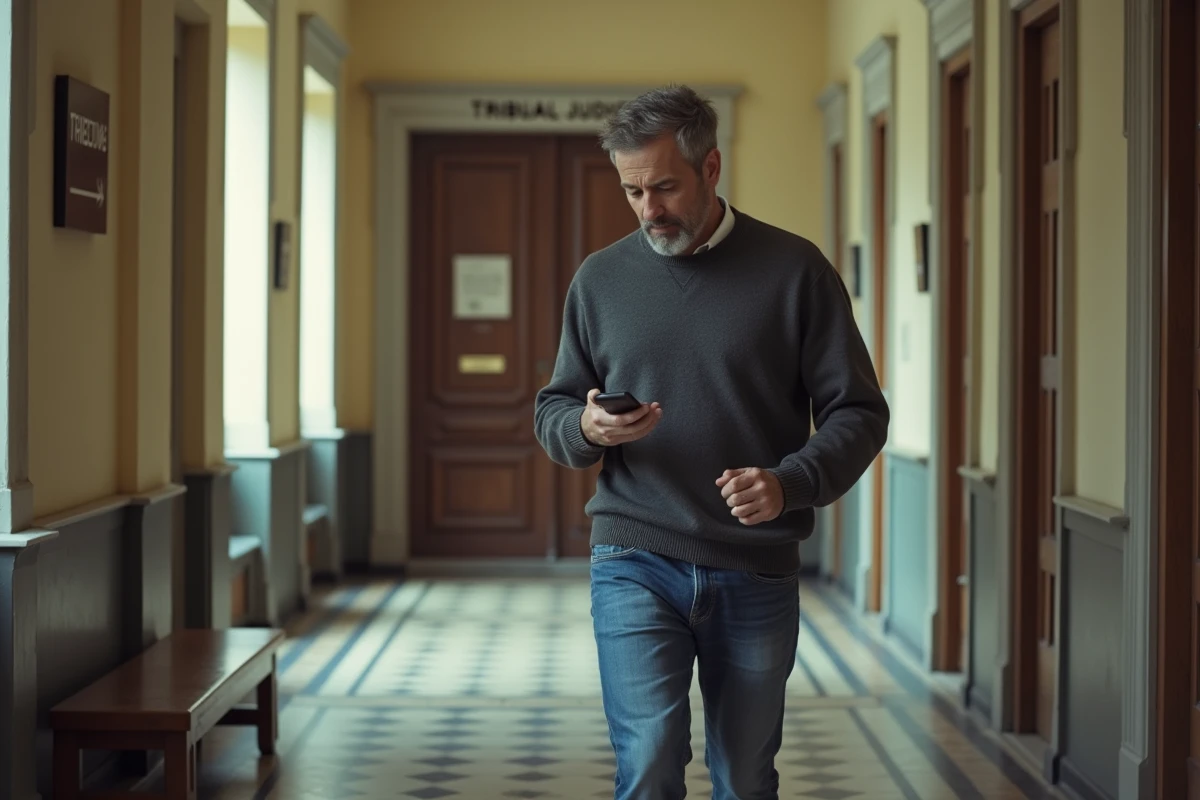Homme anxieux dans un hall devant un tribunal judiciaire