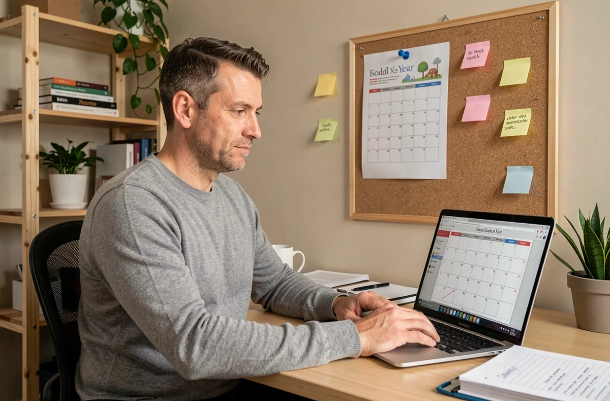 Homme consultant le calendrier scolaire 2025 2026 en PDF sur un ordinateur portable dans un bureau à domicile