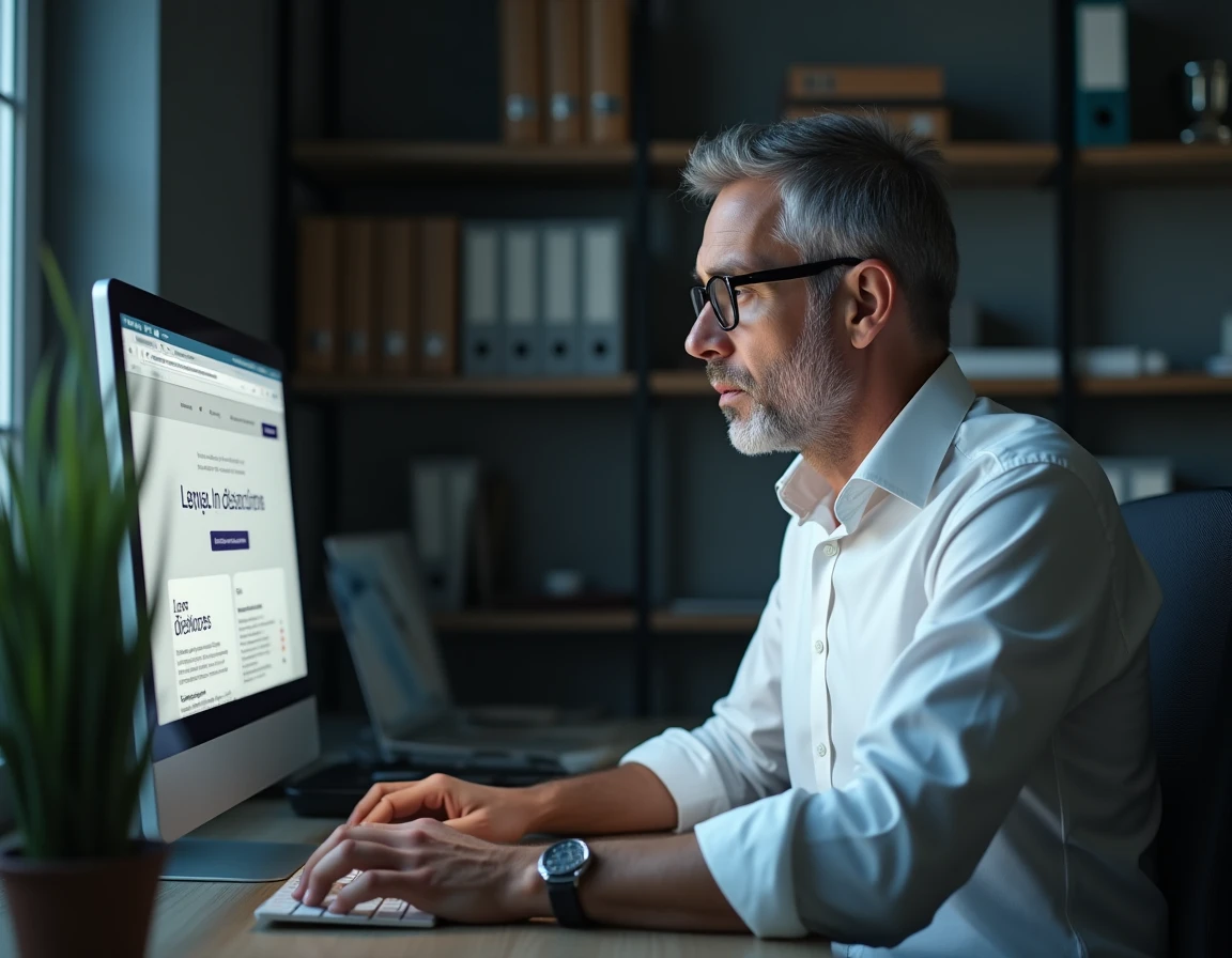 Homme consultant un site internet de divorce en ligne depuis son bureau, risques et pièges juridiques du divorce par internet
