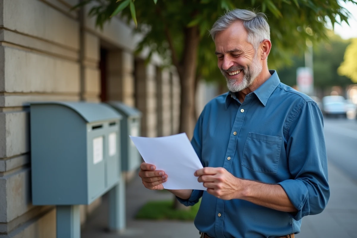 Homme lisant une lettre devant un bureau de poste